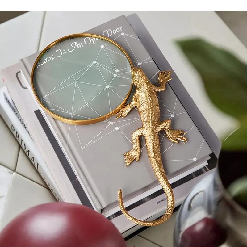 Copper Gecko Magnifier Office Desktop Ornaments Study Furniture Simulation Animal Sculpture Home Decor Accessories Gift