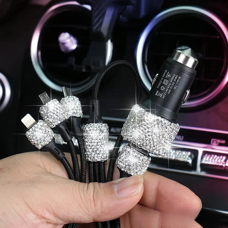 Diamond-encrusted Car USB Charger One to Three Universal with Data Cable Mobile Phone Charging Car Interior Supplies image 2