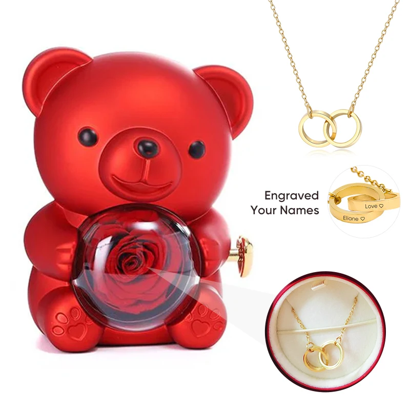 

2024 New Valentine's Day Gift idea Preserved Real Rose Flower Bear Jewelry Box with Engraved Name Necklace for girl Boy