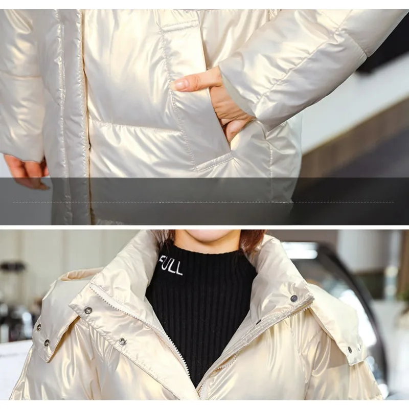 2023 New Women Down Cotton Coat Winter Jacket Female Mid Length Wash Away Brightening Face Parkas Loose Outwear Hooded Overcoat