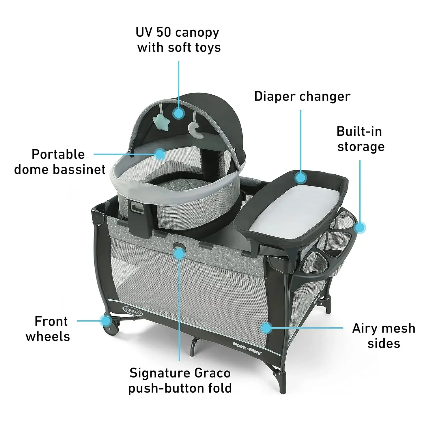 Graco Pack n Play Travel Dome DLX Playard, Astin with Portable Bassinet and Integrated Storage Organizer