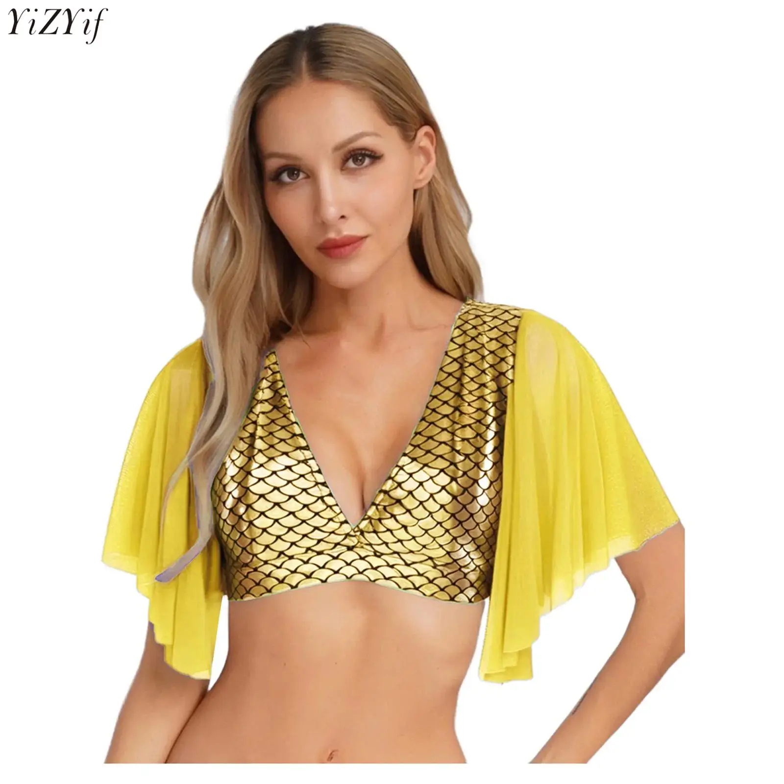 

Womens Mermaid Fishscale Print Bra Tops V Neck Mesh Short Sleeve Cropped Top T-shirt for Theme Party Dress up Clothing Swimwear