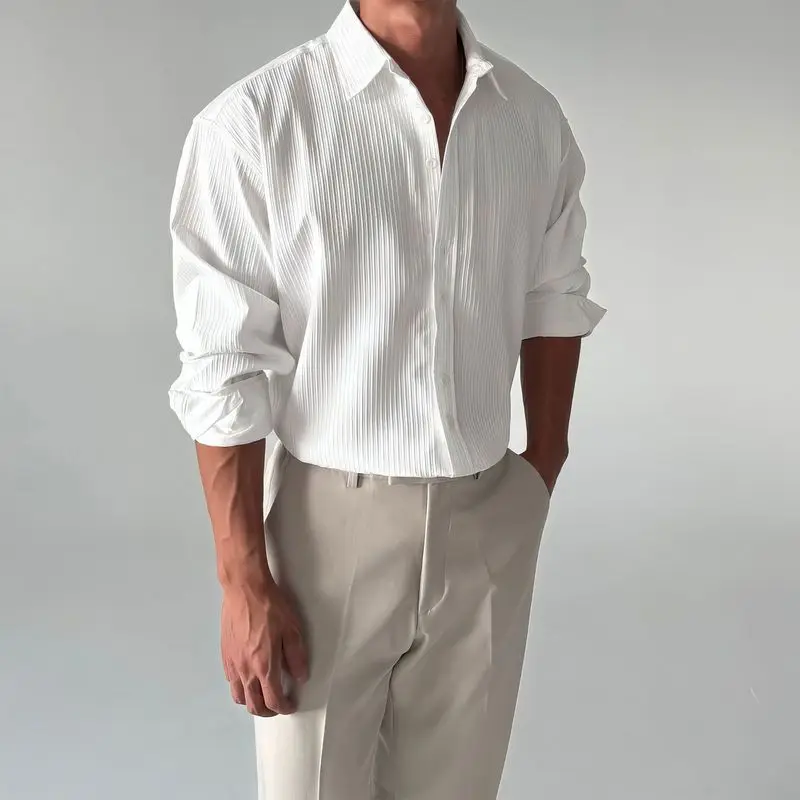 Men's Texture Collar Long Sleeve Shirt Summer Luxury Heavyweight Iron-Free Dress Shirt Business Casual Top