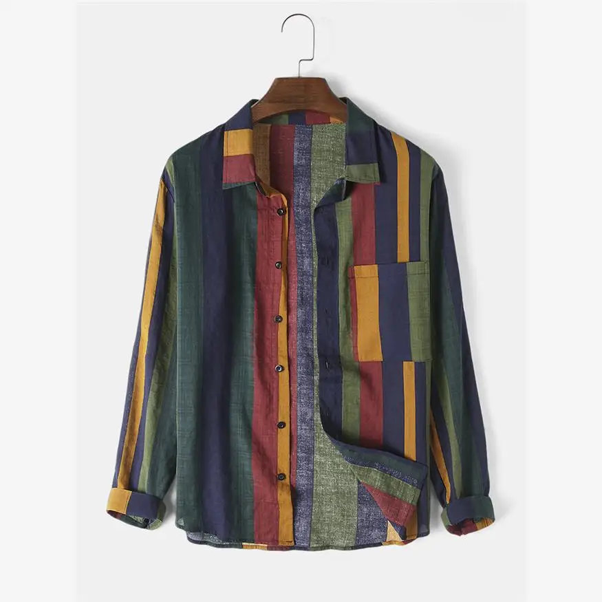 

Men's Striped Long Sleeve Shirt Breathable Color Block Cotton Linen Belt Citywalk Standard Fit Cleanfit Flip Collar Inner Wear