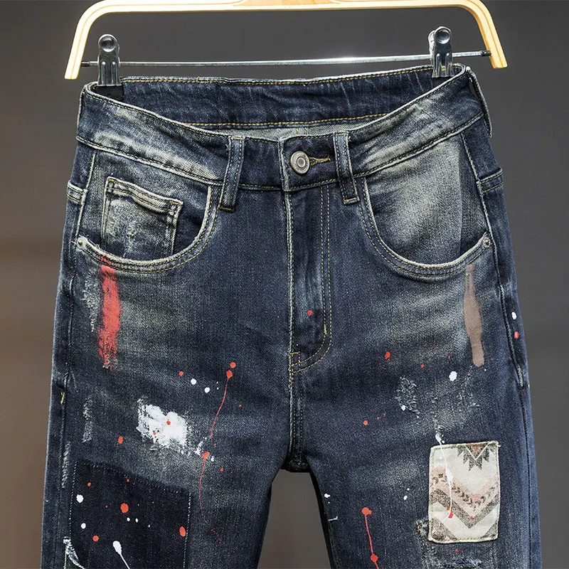 Jeans da uomo con cuciture di Design di personalità pantaloni attillati alla caviglia Slim Fit pantaloni attillati da moto alla moda per tutti i fiammiferi