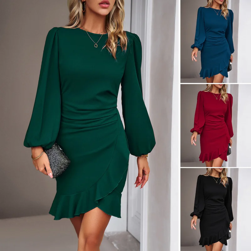 

Spring and Autumn New Women's Clothing Independent Store Puff Sleeve Solid Color Bodycon Dress