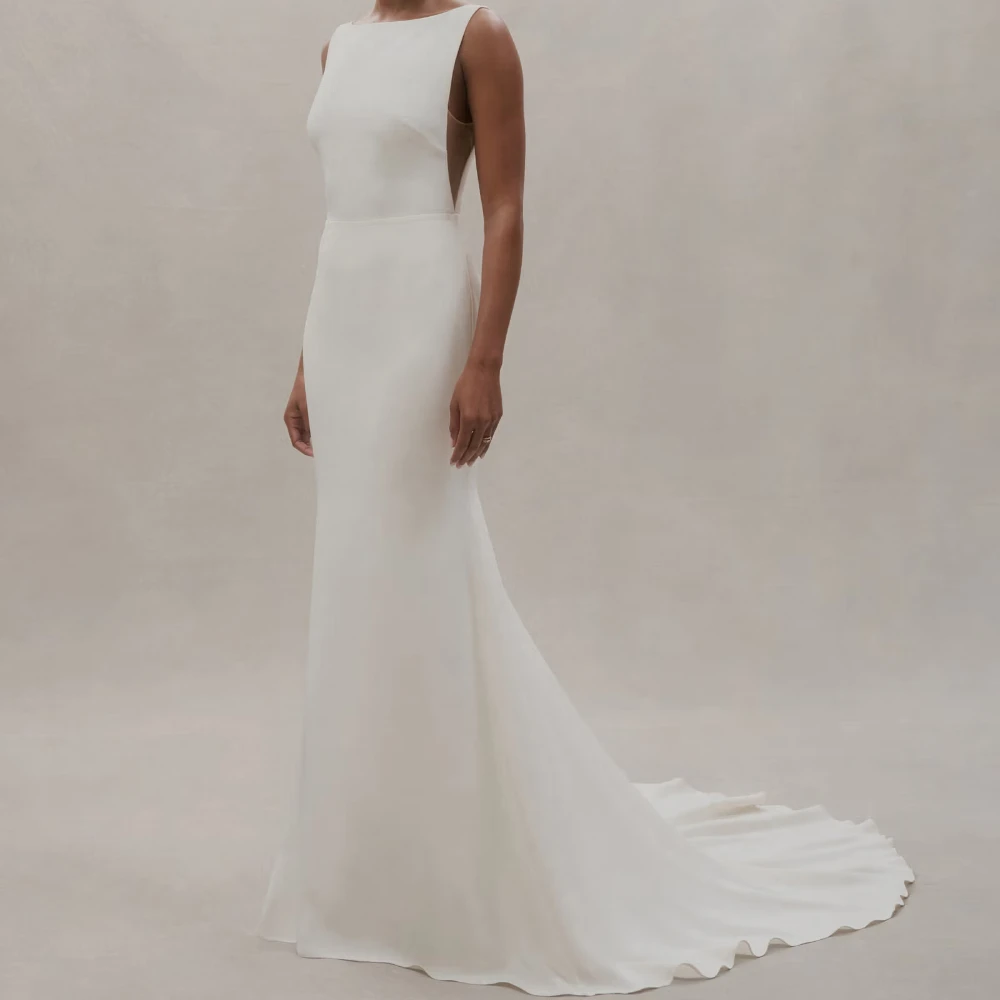 Customized Minimalist Boat Neck Mermaid Wedding Dress Side Ruched Slit Deep V Button Back for Bridal Reception Civil Editorial