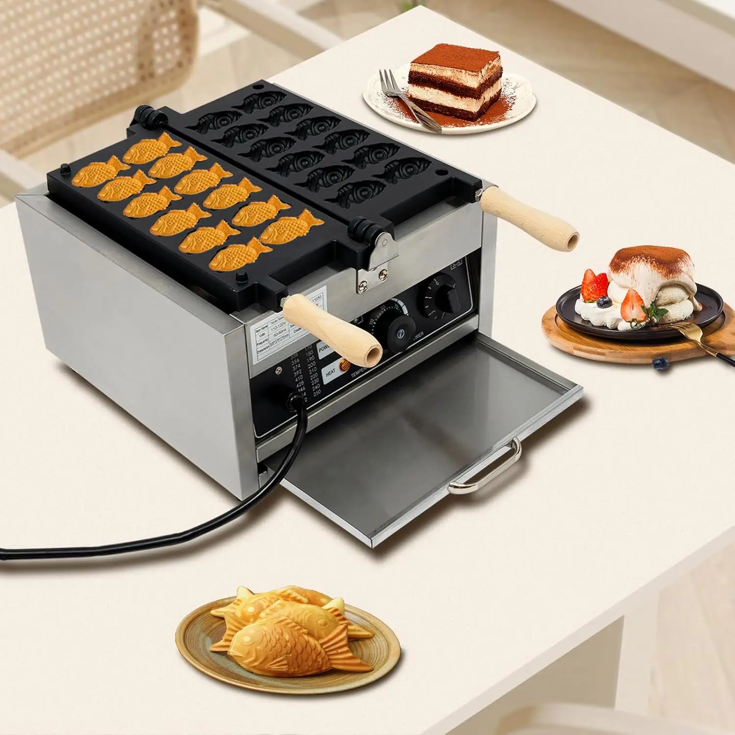 Taiyaki-máquina para hacer gofres de pescado, 12 Uds., Mini molde en forma de pez, panadero de 1800W, máquina comercial antiadherente para hacer gofres para restaurante y aperitivos