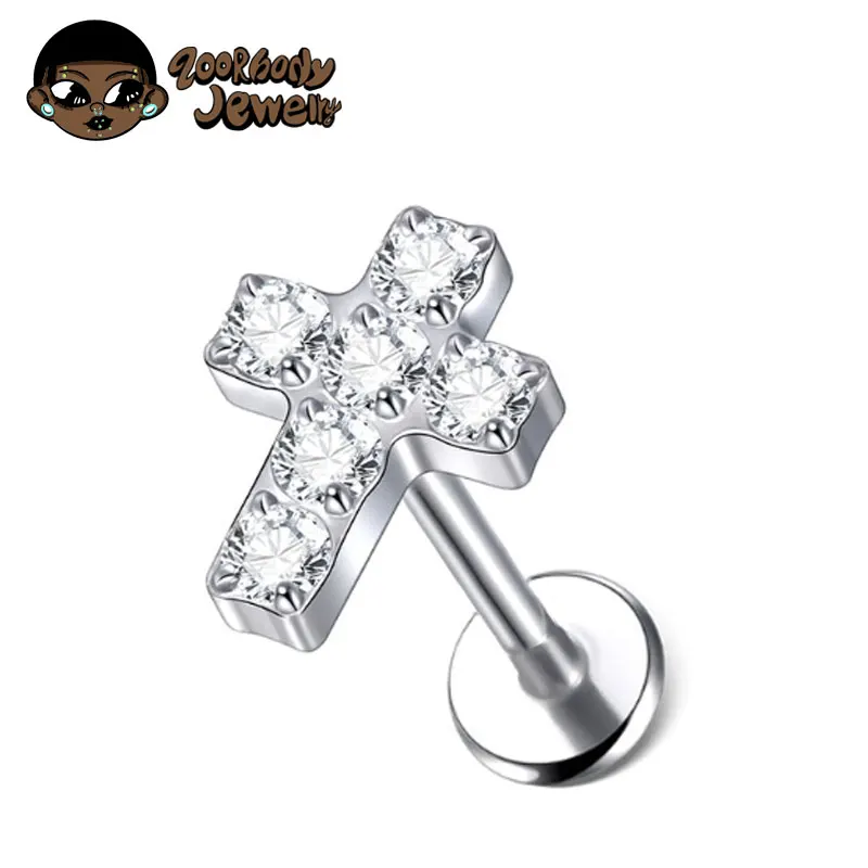 

ASTM F136 Titanium Piercing16g 18g Labret Internally Threaded Prong Set Zircon Cross Earring Cartilage Tragus Body Jewelry