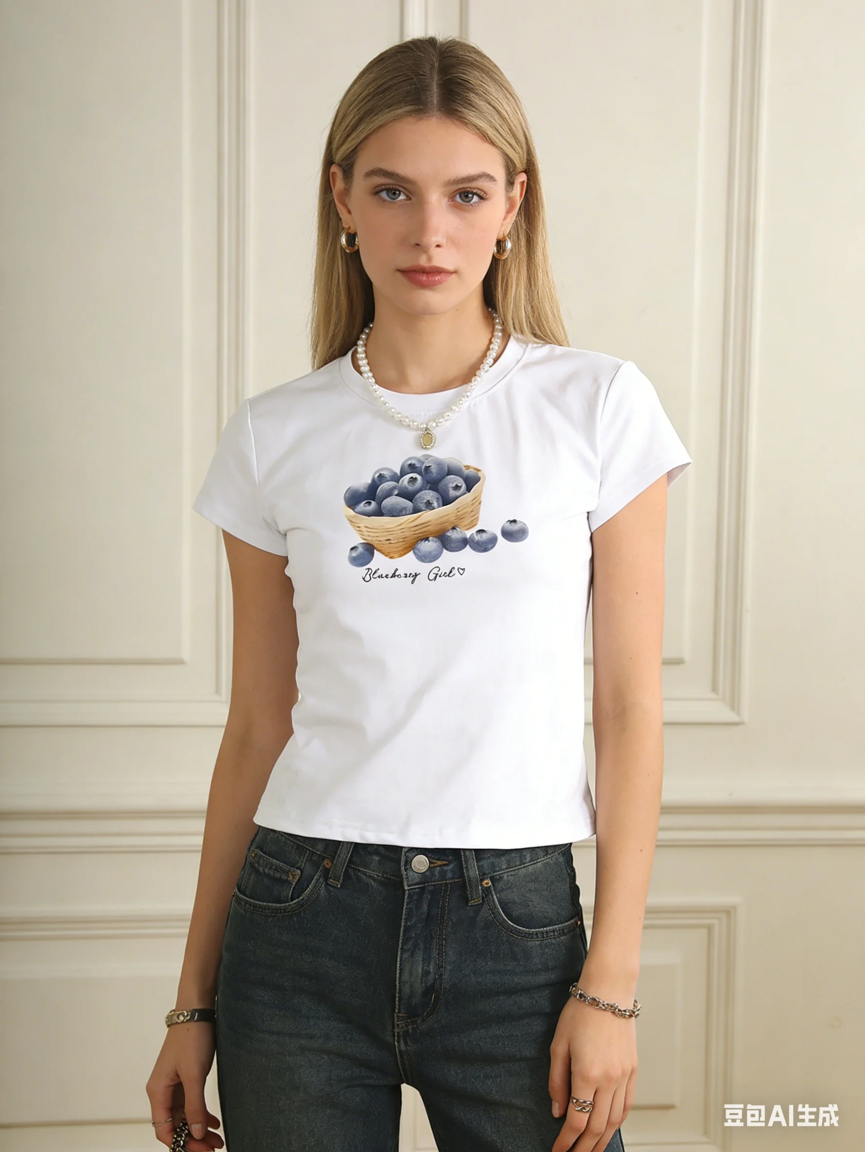 Unity Women's Y2K Blueberry Fruit Print Short T-Shirt, White Summer Short Sleeve Tee