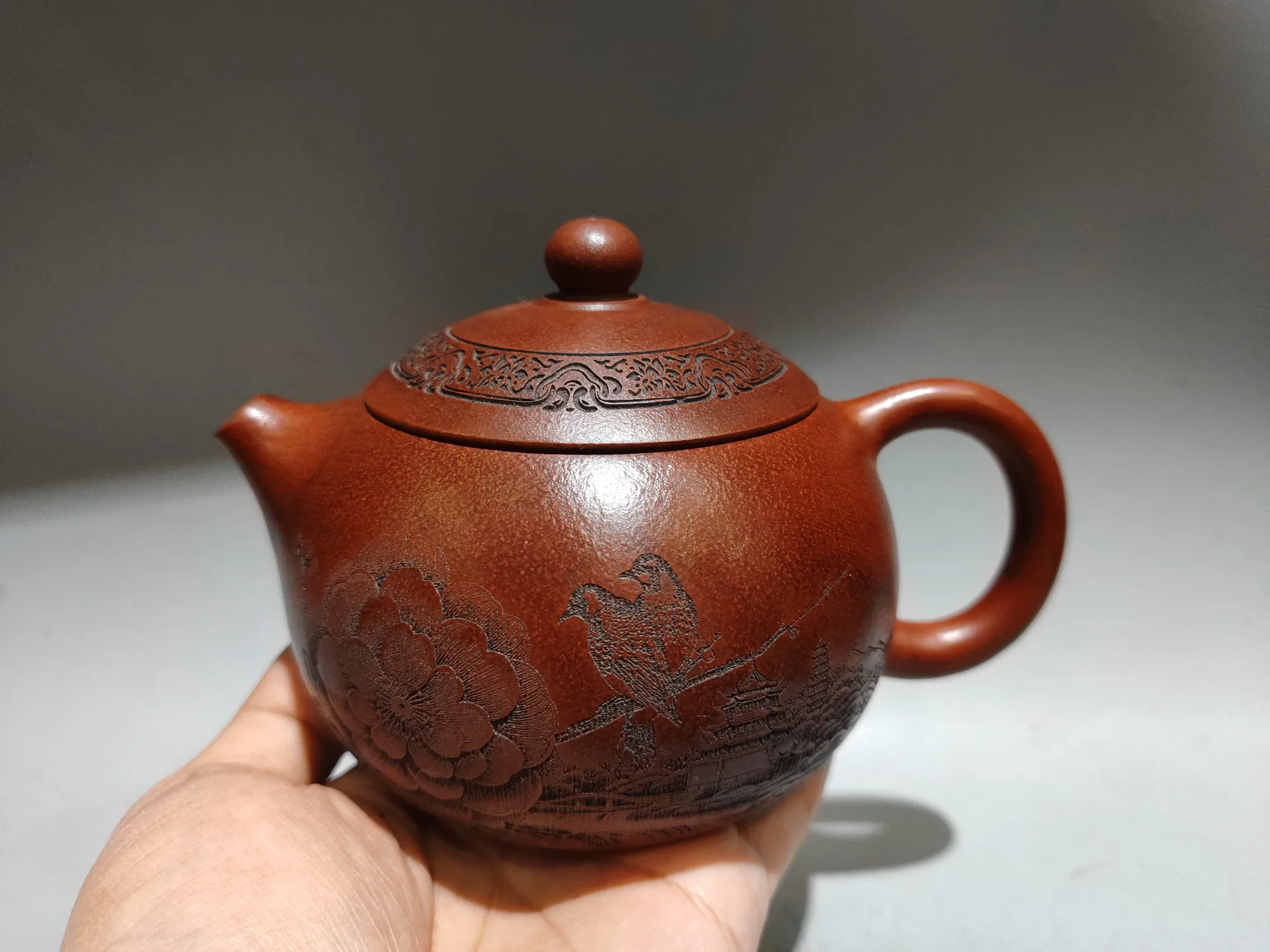 

6"Chinese Yixing Purple Clay Teapot magpie Peony flower pattern Xishi Pot Kettle Teapot Flagon Amass wealth Ornaments
