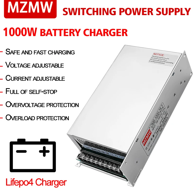 MZMW 1000W Lifepo4 Lithium Battery Charger Adjustable Power Supply 12v 4s 24v 8s 36v 12s 48v 16s 60V 20s 72V 24S Fast Charger