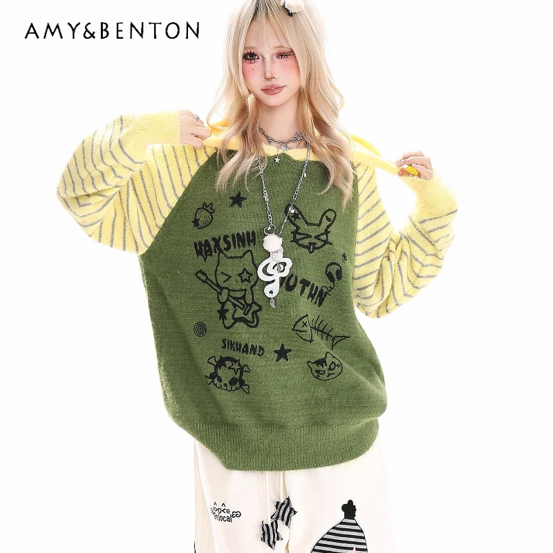 

2025 Autumn Winter New Striped Spliced Y2K Cartoon Pattern Hooded Women‘s Sweater Vintage Design Loose Knitted Pullovers Ladies