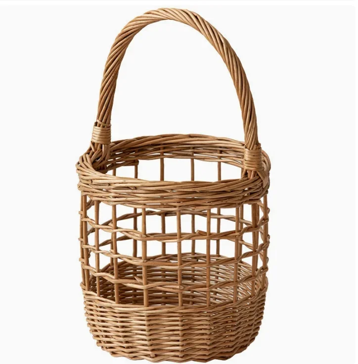 yesMini Wicker Hand Basket Braid Flower Baskets with Handle Round Rattan Storage Basket Ornaments Picnic Handheld Baskets