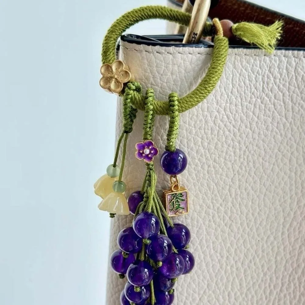 Elegant Grape Cluster Pendant Green Purple Crystal Grape Phone Chain Polyester Flower Gradient Beads Woven Pendant Backpack