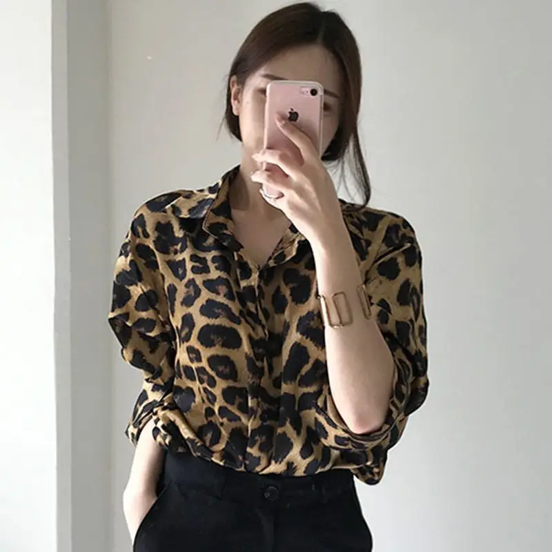 Korean Style Retro Leopard Print Lapel Single Breasted Loose Casual Long Sleeved Shirt Autumn New Fashionable Elegant Lady\'s Top