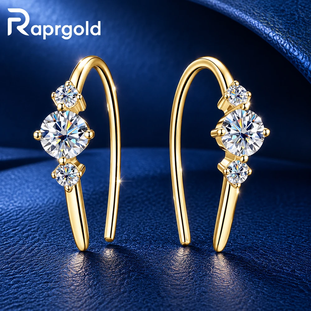 RAPRGOLD D Color VVS1 Moissanite Three Stone U-Shape Hook Earrings 925 Sterling Silver Sparkling Daily Wedding Jewelry for Women