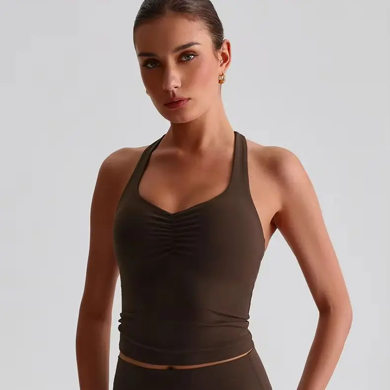 Solid Color Butter Women Fitness Bra Sports Tank Top Tights Cross Back Strap Gym Yoga Vest Soft High Impact Shockproof Chest Pad