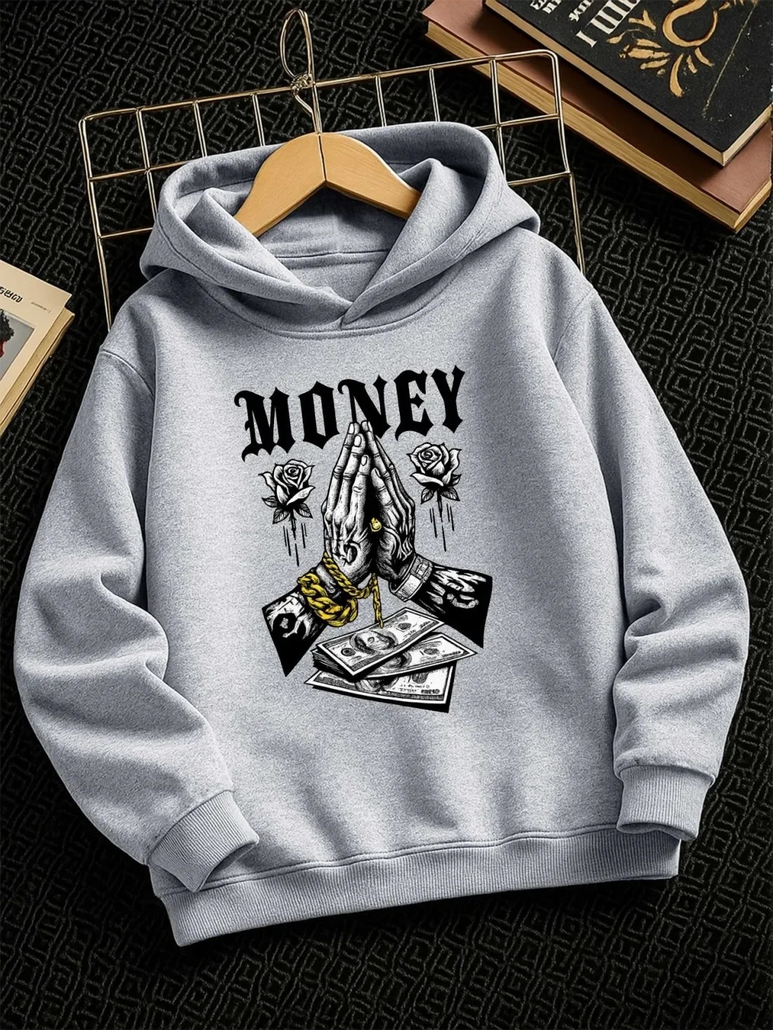 Kids Hoodie Autumn Winter Thick Fleece Gothic Money Rose Praying Hands Graphic Print Warm Streetwear Pullover Sweatshirt