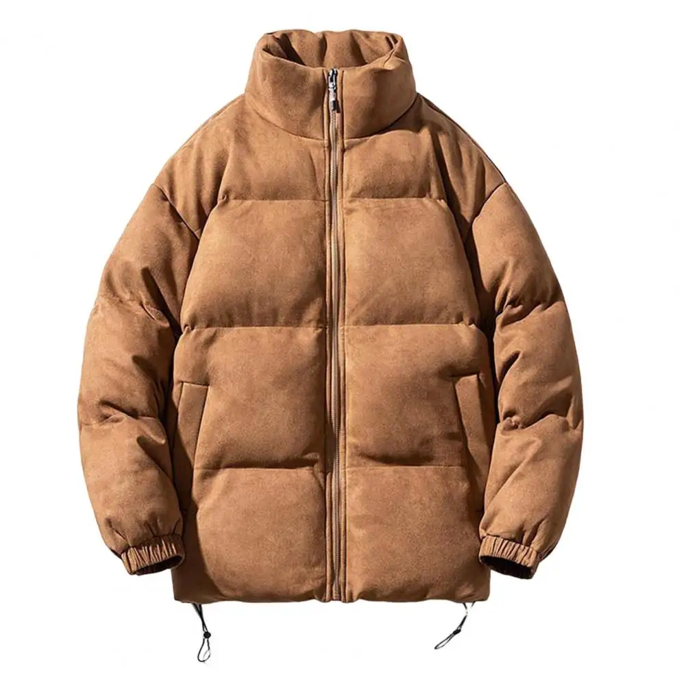 

Men Coat with Zipper Placket Cotton with Stand-up Collar Drawstring Hem Suede for Jacket