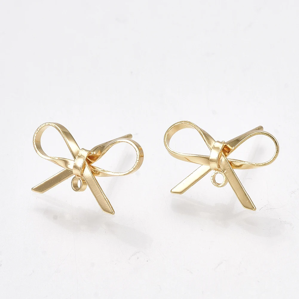 

50pcs Brass Bowknot Stud Earring Findings with Loop Real 18K Gold Plated for Women DIY Jewelry Accessories 8~10x15mm Pin 0.7mm