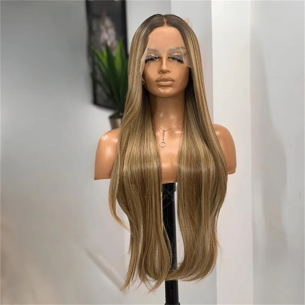 30 Inch Ombre Brown with Blonde Streaks Synthetic HD Lace Front Wig Heat Resistant Fiber Wig Glueless Realistic Natural Looking
