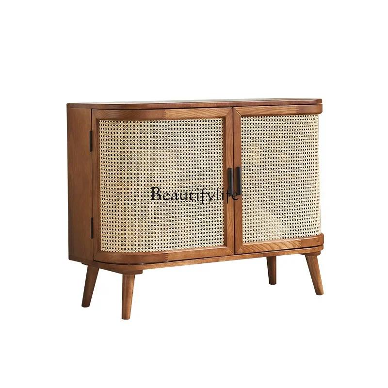 

6Solid wood retro living room dining side cabinet rattan locker