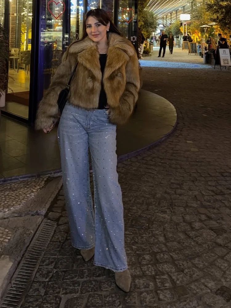 مصبوغ وأشار قصيرة فو الفراء معطف المرأة موضة التلبيب كم كامل رقيق فضفاض سترة دافئة سيدة الشتاء اليومية ملابس الشارع الشهير غير رسمية