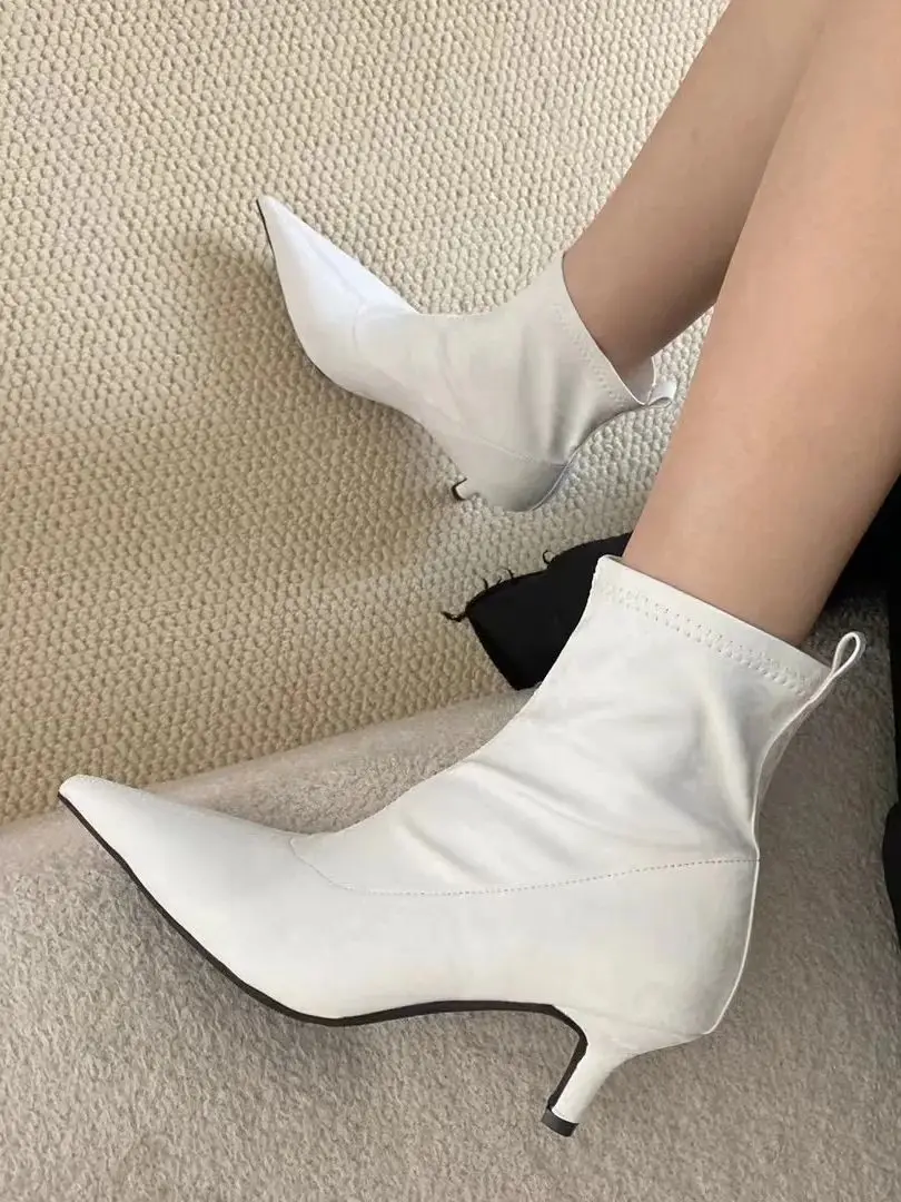 2024 New Arrivals Women Ankle Boots Chelsea Botas Thin Mid Heels Sock Stretch Shoes Slip On Autumn Winter Boots Black White 39