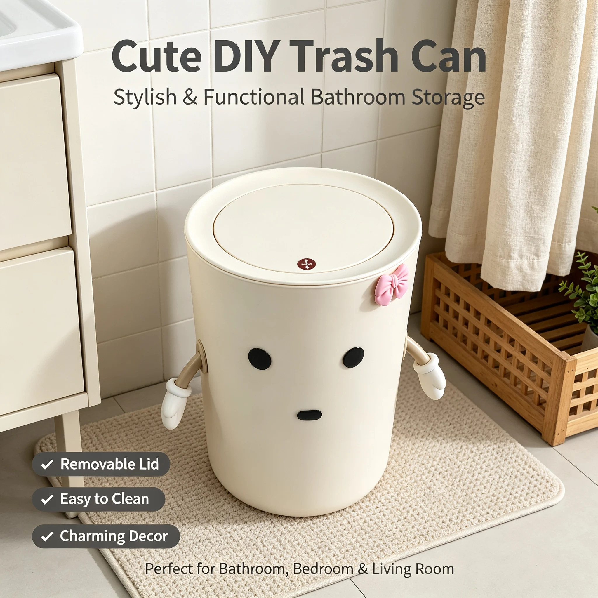 Cute Cartoon Character Floor Waste Bin with Flip Lid, Cream Aesthetic Decorative Storage Bin, DIY Adorable Design Bin for Living Room Bathroom Bedroom