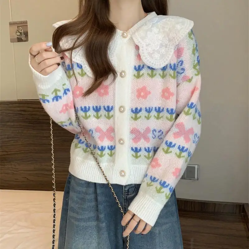 

Японский корейский кружевной свитер с воротником Питера Пэна контрастного цвета с цветочным принтом, женский осенне-зимний новый милый весенне-осенний трикотаж