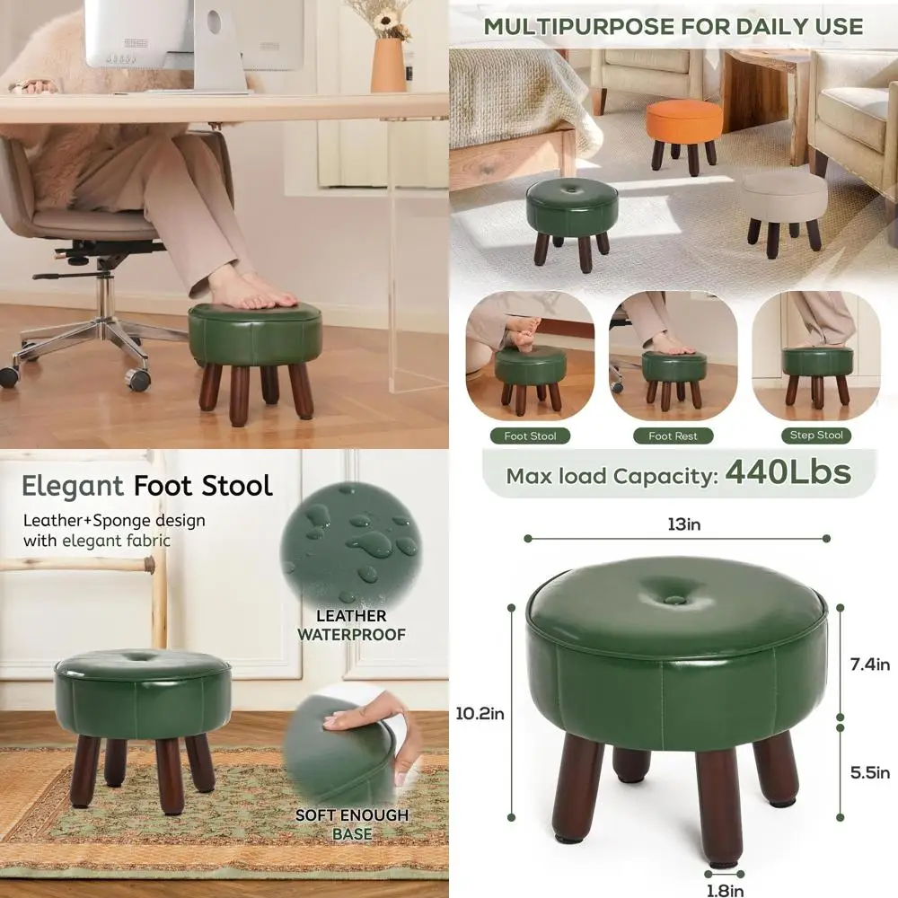 

13 Round Leather Ottoman Stool, Under Desk Footrest for Living Room, Bedroom, 13L x 13W x 10.2H, Green