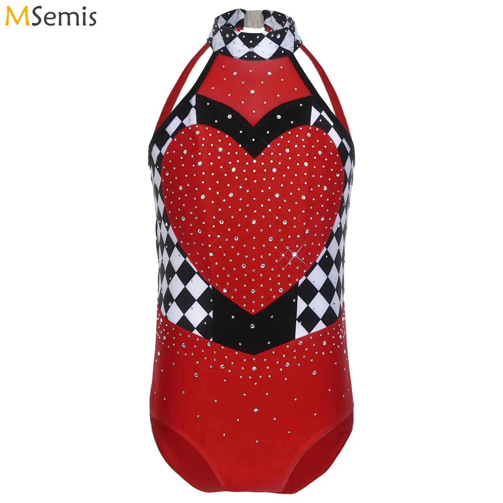 

Детский контрастный боди без рукавов со стразами для балета и гимнастики для девочек на Хэллоуин, костюм королевы с сердечками