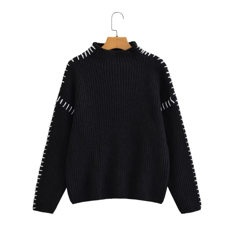 Women's round neck pullover casual knitwear with color-blocking and stitching design, fashionable and versatile