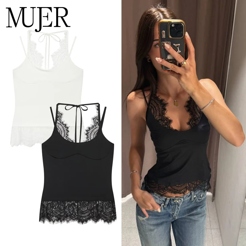 MUJER Black Lace Halter Tops for Women White Slip Crop Top Woman Sexy Backless Women's Tops Chic Tanks Camis Short Tops Woman
