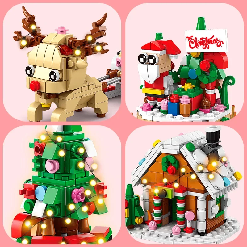 Upgraded Christmas Series Building Blocks Set With Warm Light Creative Elk Train House DIY Bricks Model Toys For Kids Xmas Gifts