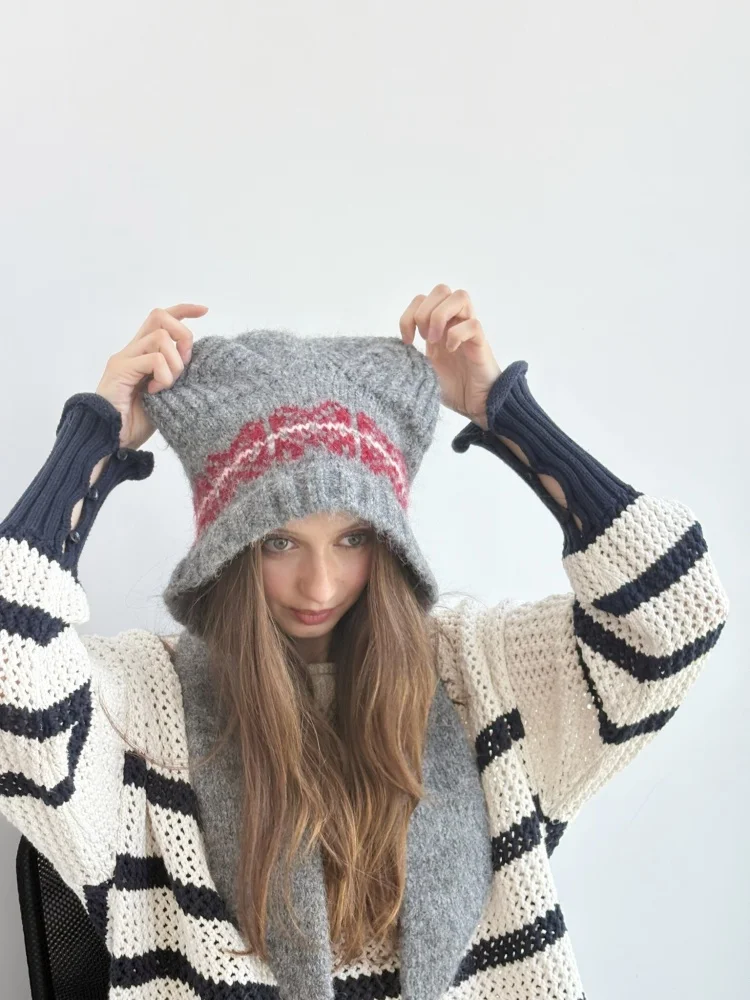 مجموعة قبعات وشاح متماسكة على شكل دب لطيف للنساء - قبعة شتوية دافئة وأنيقة مع صوف 35%، رمادي - الكل في واحد لتدفئة الرقبة وها #3