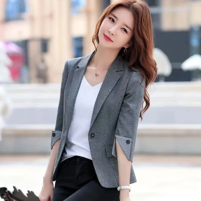 

Faionable Slim Fit Women's ort Sve Suit Jaet 2024 New Korean Sle Seven-Quarter Length Profional Sli Coat