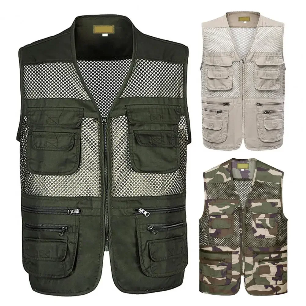 Multi Pockets Jacket Lightweight Mesh Outdoor Sports Vest for Summer Zipper Closure Waistcoat for Work Wear Camping Fishing Men
