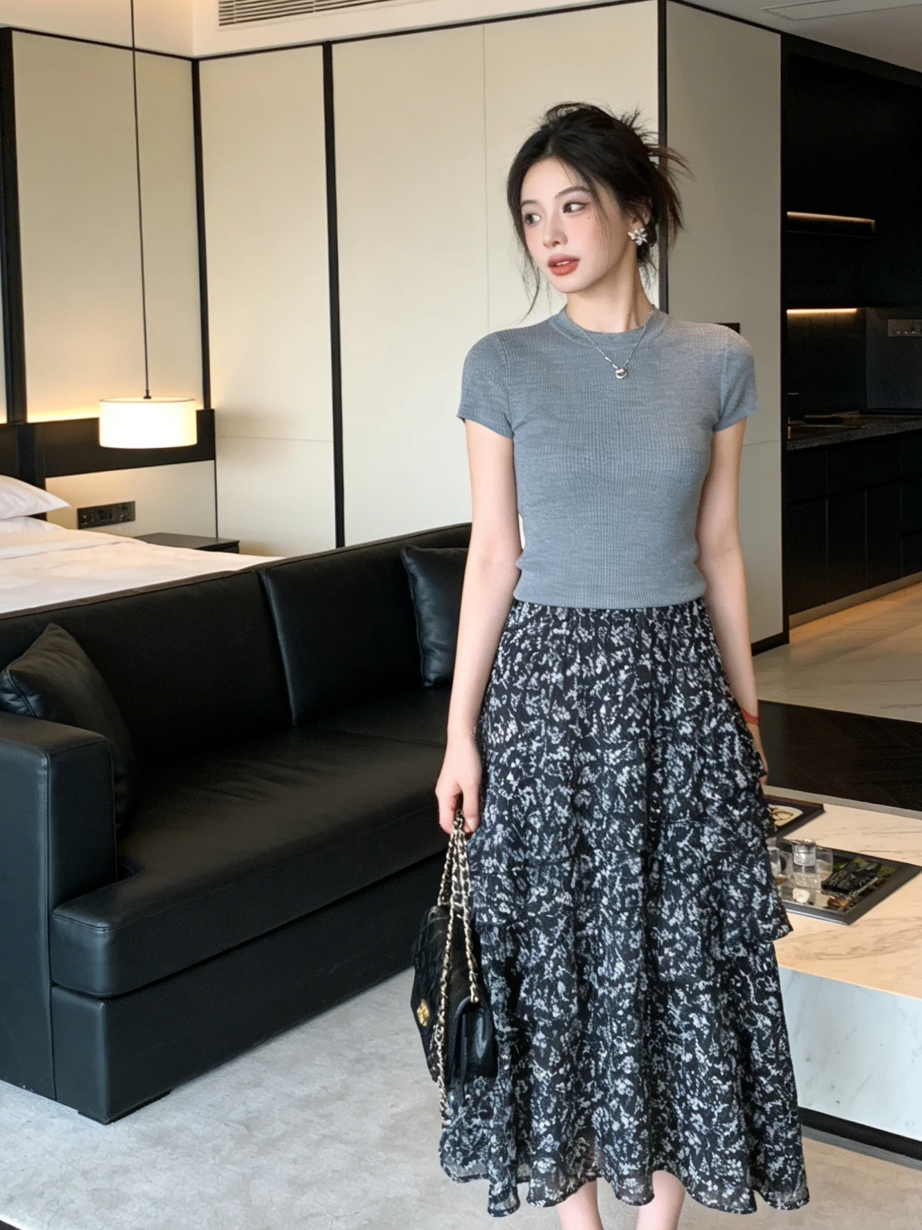 

Корейская летняя женская юбка с цветочным принтом, многослойная, с завышенной талией, универсальная, средней длины, стройнящая