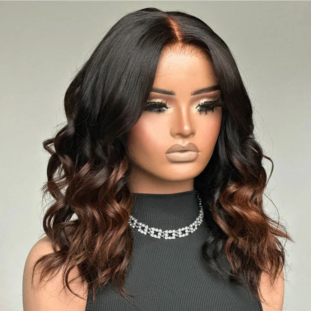 

Short Bob Long 180Density Ombre Brown 5x5 Silk Base Body Wave Preplucked Jewish Human BabyHair HDLace Wig European Hair Glueless