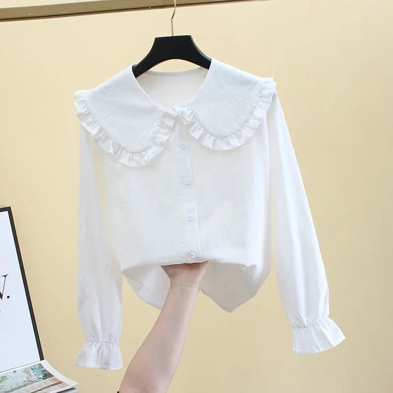 Camisas de manga comprida feminina, tops casuais, roupa de escritório, branco sólido, estilo coreano, primavera, verão, outono, 2024