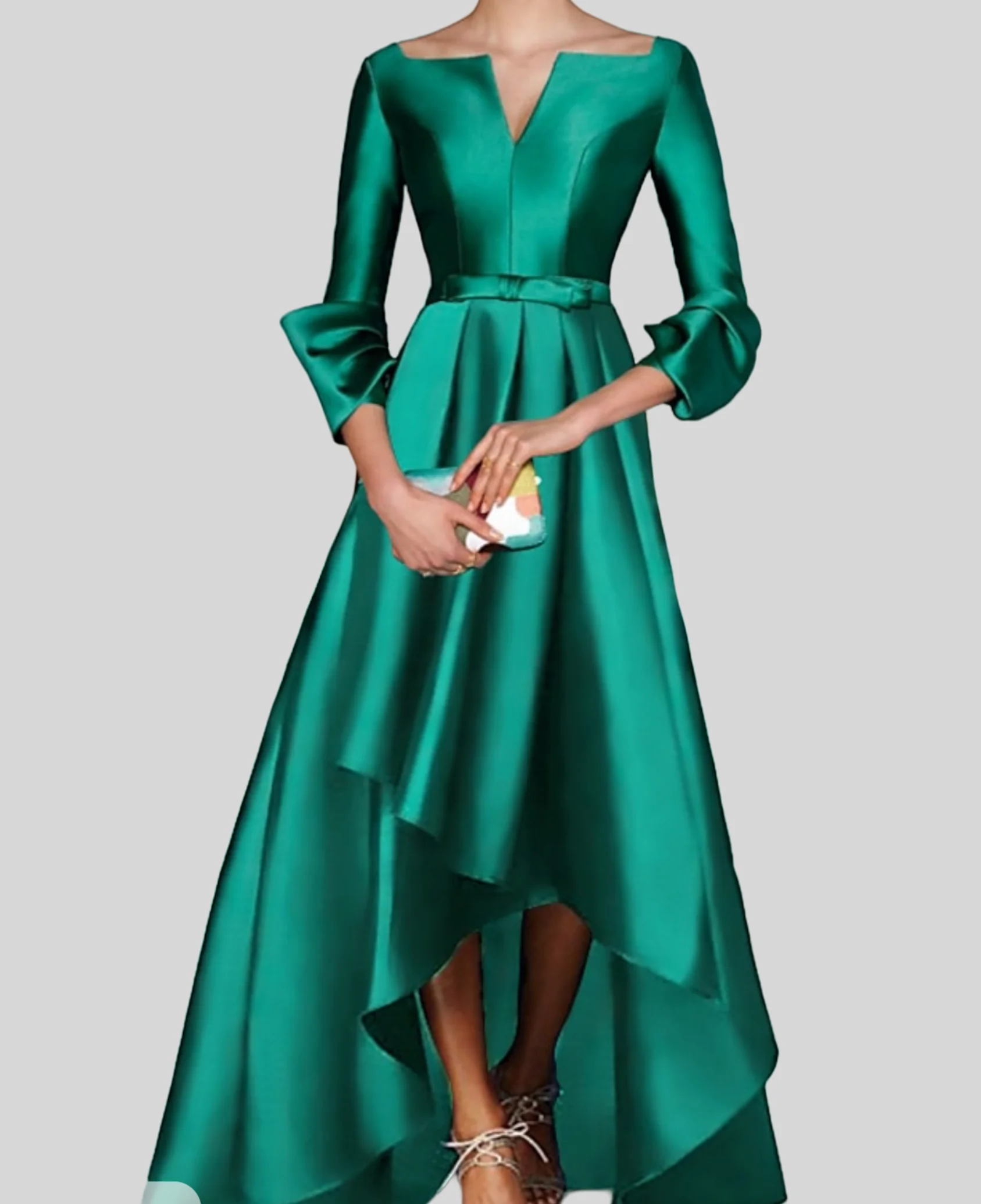 A-Line Evening Gown Elegant Dress Dress Formal Wedding Guest Asymmetrical 3/4 Length Sleeve V Neck Satin with Bow