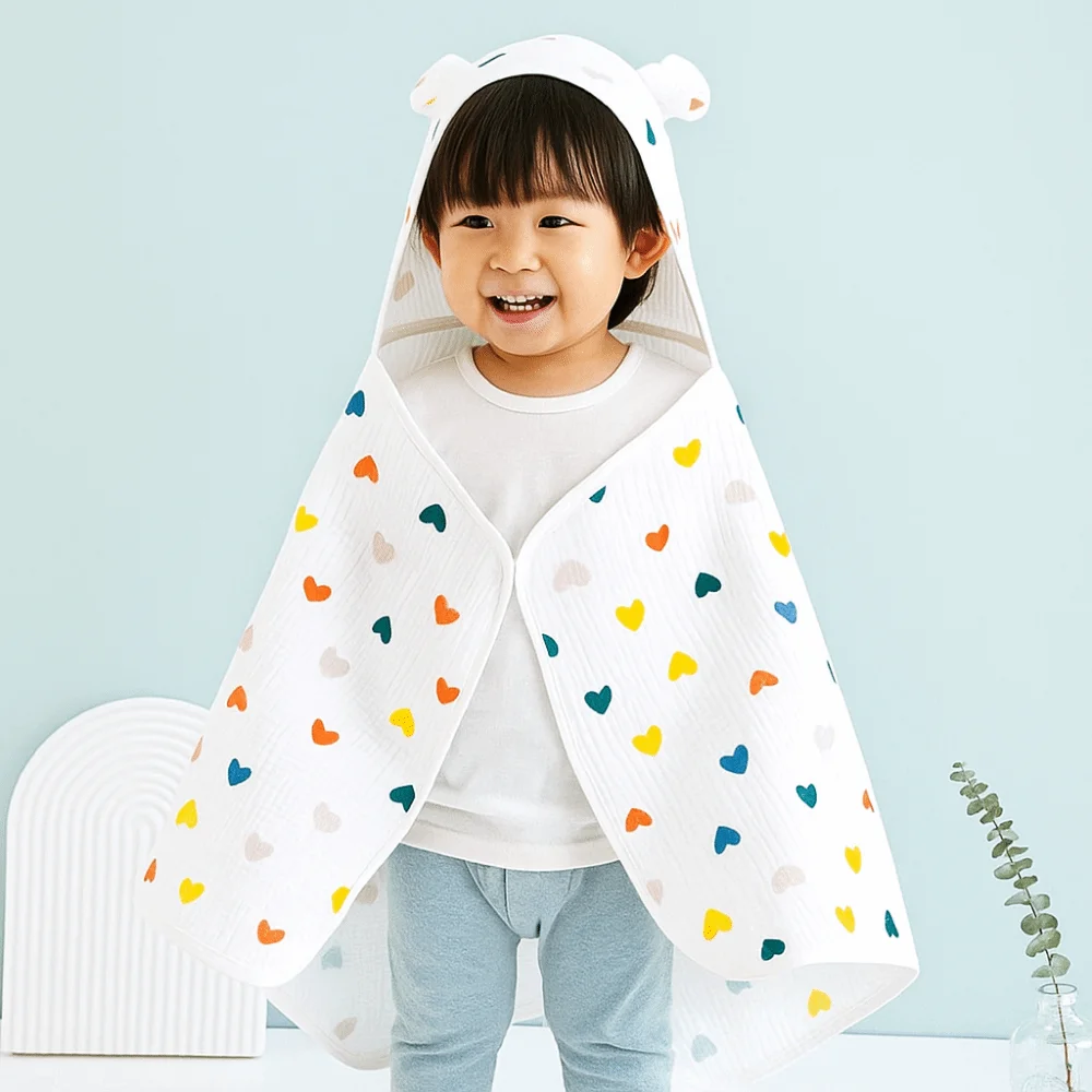 

Детское марлевое банное полотенце с мультяшным принтом, четырехслойный мягкий халат с капюшоном, удобный впитывающий мультяшный плащ, полотенце для ванны