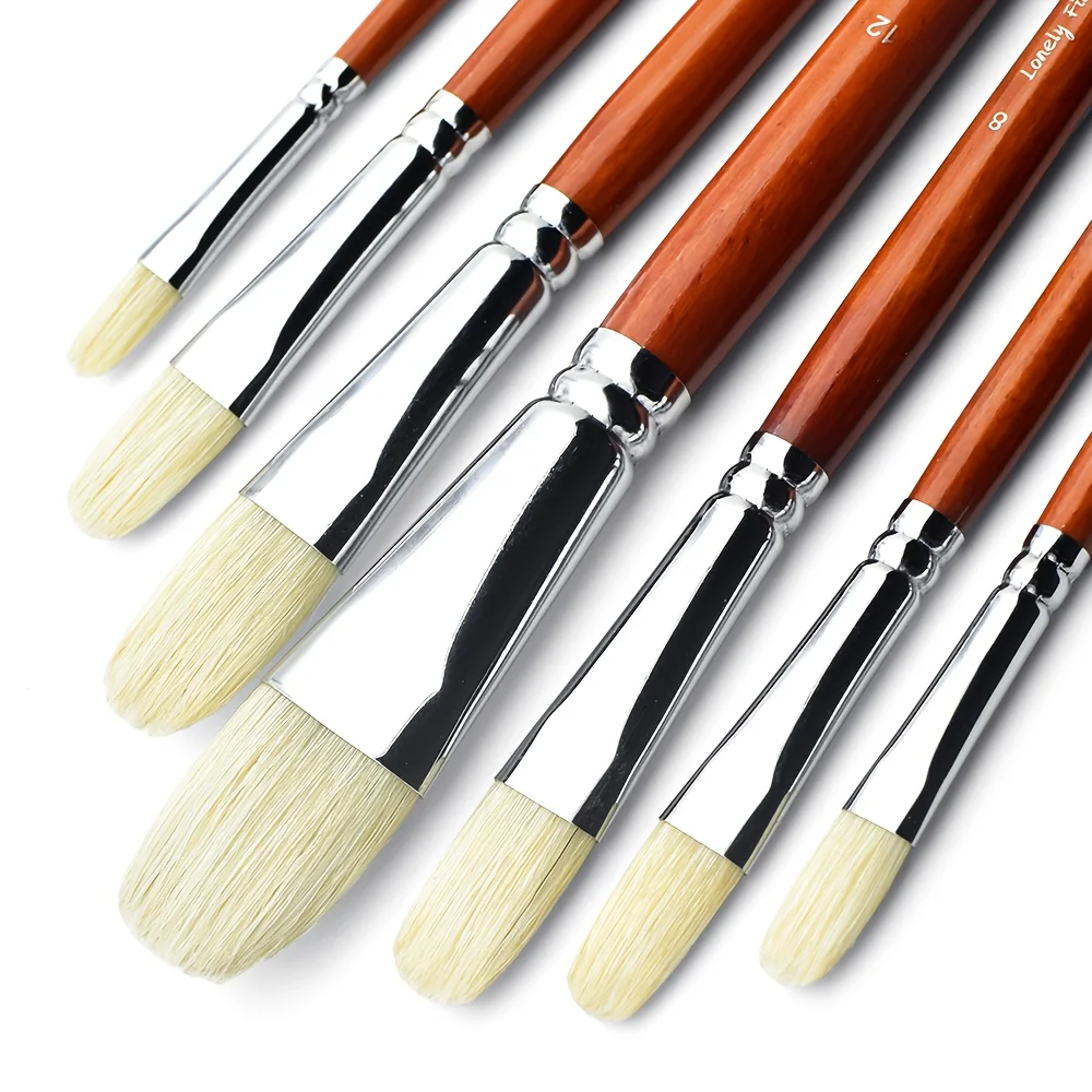 7/14 قطعة مجموعة فرشاة طلاء بشعيرات الخنزير الطبيعية المضادة للتساقط مع مقابض خشبية طويلة نصائح فيلبرت لطلاء الأكريليك والزيت #3