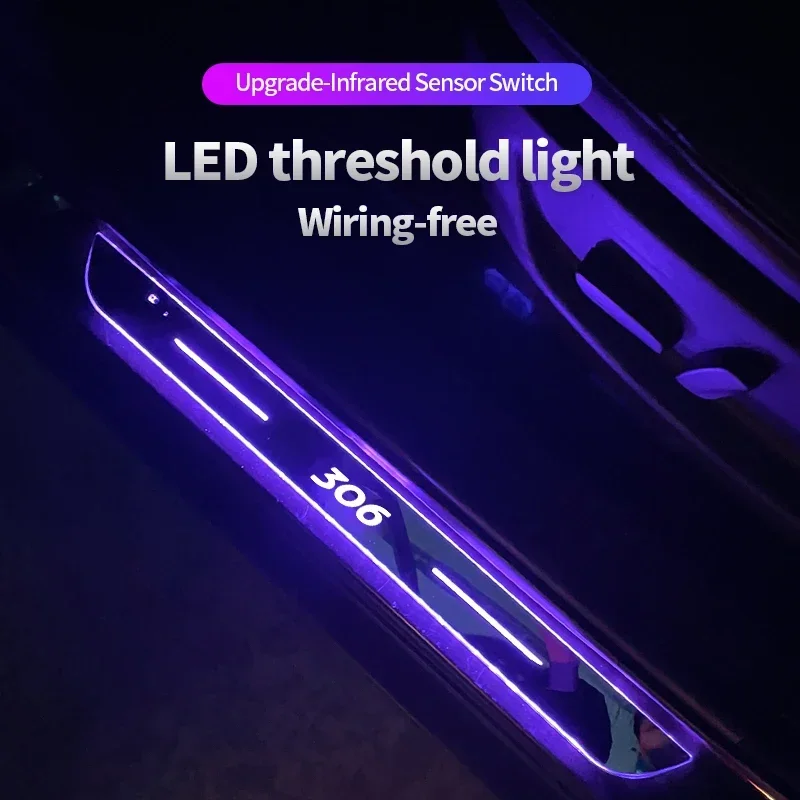 For Peugeot 306 Logo Door Sill LED Atmosphere Light Acrylic Welcome Threshold USB Illuminated Pedal Protector Car Accessories
