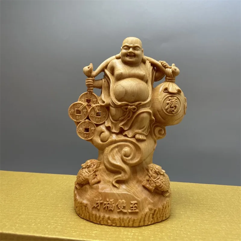 Wood Carving Yuanbao Maitreya Buddha Characters Figurines Hand Carved Solid Wood  Home Room, Office Fortune Decoration Crafts