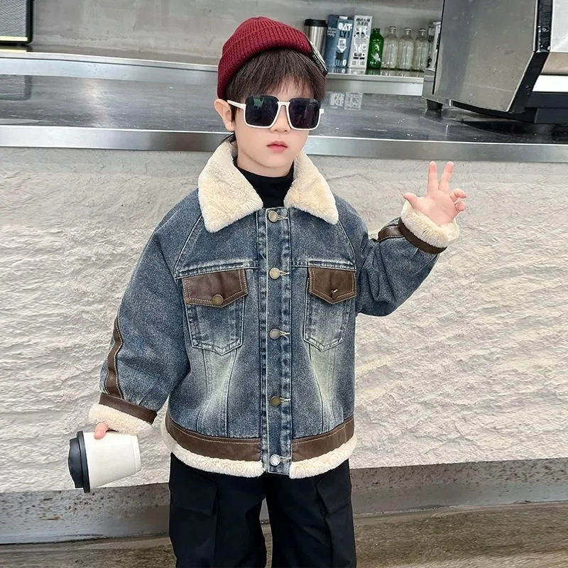

Children's Denim Jacket 2025 Autumn and Winter Boys and Girls Fleece Thickened Warm Splicing Top Children's Casual Pie Overcome