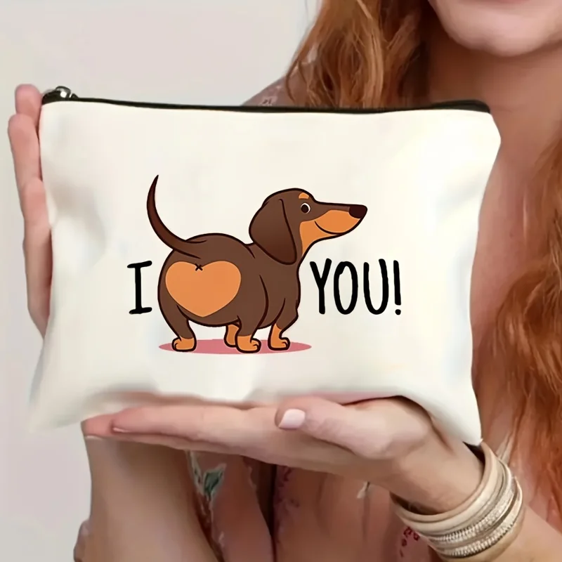 Striped Dachshund Good Night Quote Canvas Zipper Pouch Cute Cartoon Dog Print Cosmetic Bag for Dog Lovers Travel Toiletry