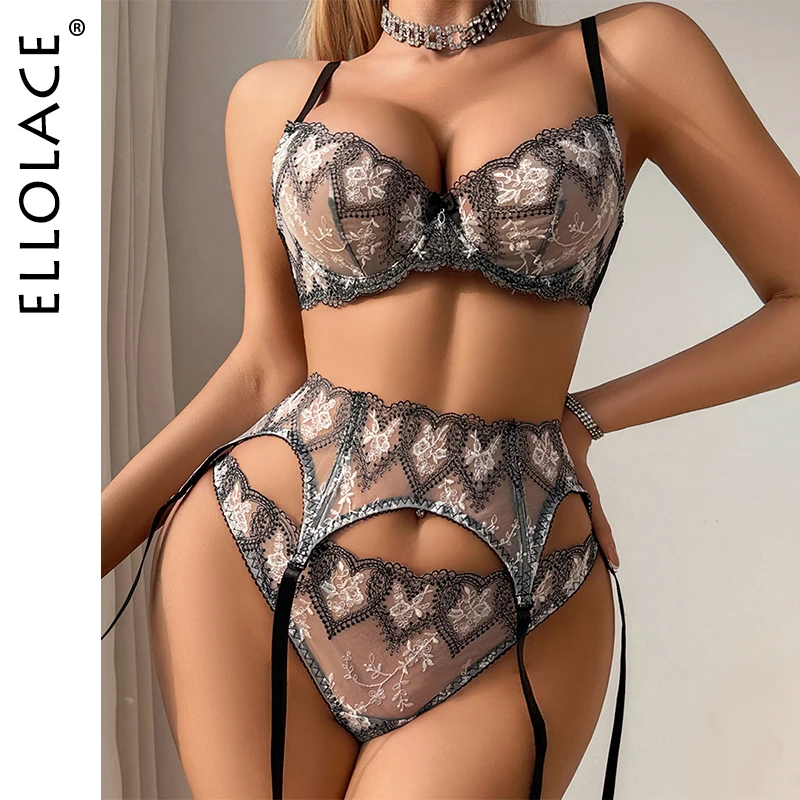 

Ellolace Elegant Lingeries Sexy Hot Willowy Diva Contrast Color Embroidery Bra 3PC Exotic Night Dance Club Intimate Costume